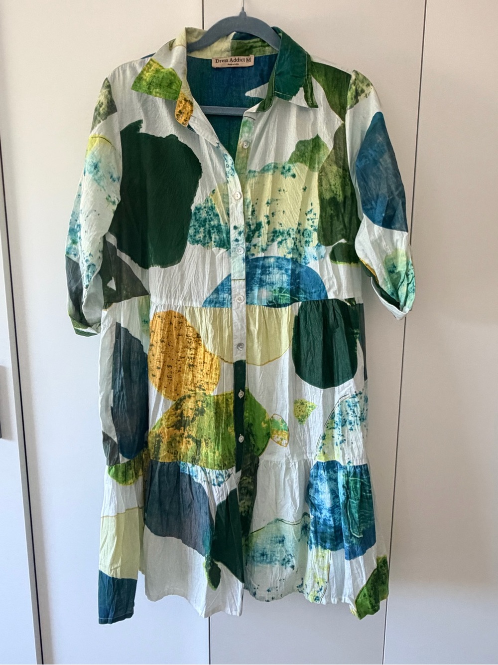Green & Blue Abstract Print Button-Front Women's Dress